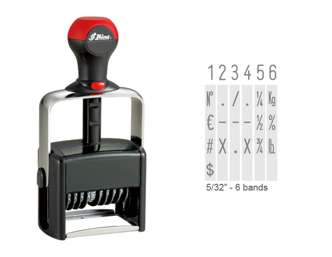 The Shiny H-6446 is a 6-band numberer with 5/32" tall characters.  This comes as a self-inking stamp with thousands of impressions.