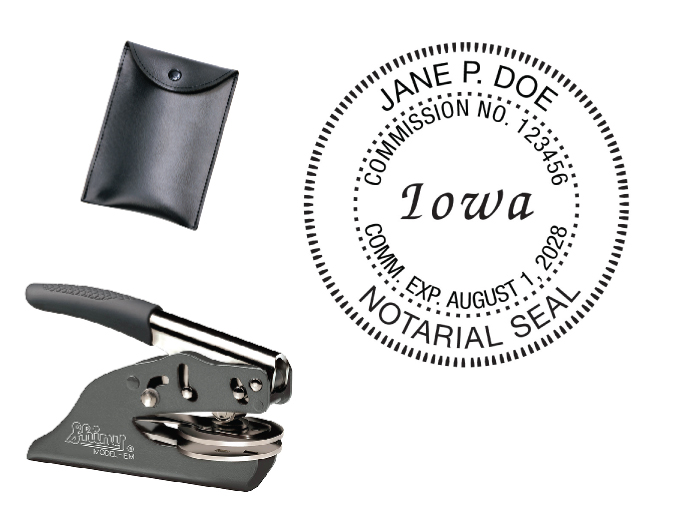 Iowa Notary embossing seal. All metal frame and laser engraved dies.  Quick turnaround time.