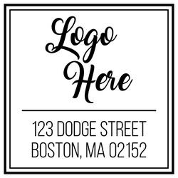 Square logo rubber stamp with text.  Make a great impression of your logo with this custom stamp and custom text. Choose from self-inking or traditional rubber stamp.