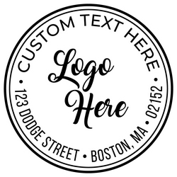 Unique circle logo rubber stamp with custom text. Laser engraved to make a great impression. Choose from self-inking or a traditional rubber stamp.