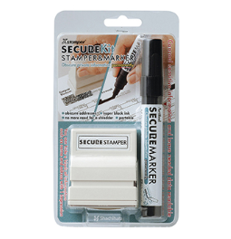 Secure Kit Stamp (#1342) & Marker can hide a block of information such as name and address with just one impression.