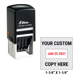 Shiny S-530D custom self-inking date stamp. Available in one or two ink colors. Up to 3 lines of copy above and below dates.