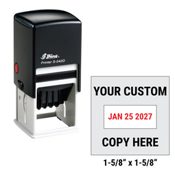Shiny S-542D custom self-inking date stamp. Available in one or two ink colors. Up to 4 lines of copy above and below dates.