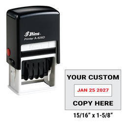 Shiny A-826D custom self-inking date stamp. Available in one or two ink colors. Up to 1 line of copy above and below dates.