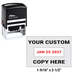 Shiny S-829D custom self-inking date stamp. Available in one or two ink colors. Up to 4 lines of copy above and below dates.