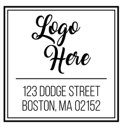 Square logo rubber stamp with text.  Make a great impression of your logo with this custom stamp and custom text. Choose from self-inking or traditional rubber stamp.
