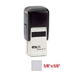 The 2000 Plus Printer Q17 self-inking stamp is a 5/8" x 5/8" self-inking stamp.  Available in 5 ink colors with a laser engraved rubber die.