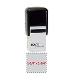 The 2000 Plus Printer Q30 self-inking stamp is a 1-1/4" x 1-1/4" self-inking stamp.  Available in 5 ink colors with a laser engraved rubber die.