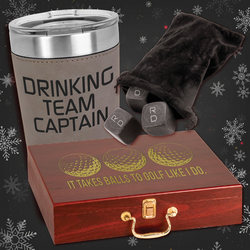A great customized gift set for the golf and whiskey lover! This set includes a 20 ounce Polar leatherette engraved tumbler with "Drinking Team Captain" engraved on the tumbler. Whiskey stone set includes a set of 9 black basalt whiskey stones with a velv