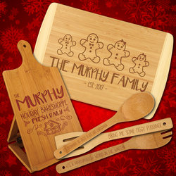 This gift set is perfect for the kitchen guru!  All items are made of natural bamboo.  This set includes a chef's easel with custom engraved name.  Bamboo cutting board is custom engraved with family name and date established.  Spatula, Spoon and Spork ar