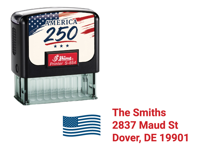Celebrate America's 250th Birthday with a customizable flag return address rubber stamp.  Two color rubber stamp leaves a great impression with your personalized information.