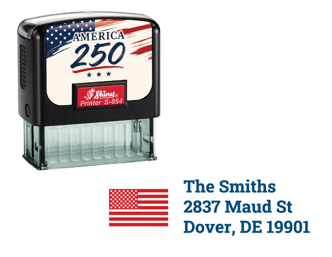 Celebrate America's 250th Birthday with a customizable flag return address rubber stamp.  Two color rubber stamp leaves a great impression with your personalized information.