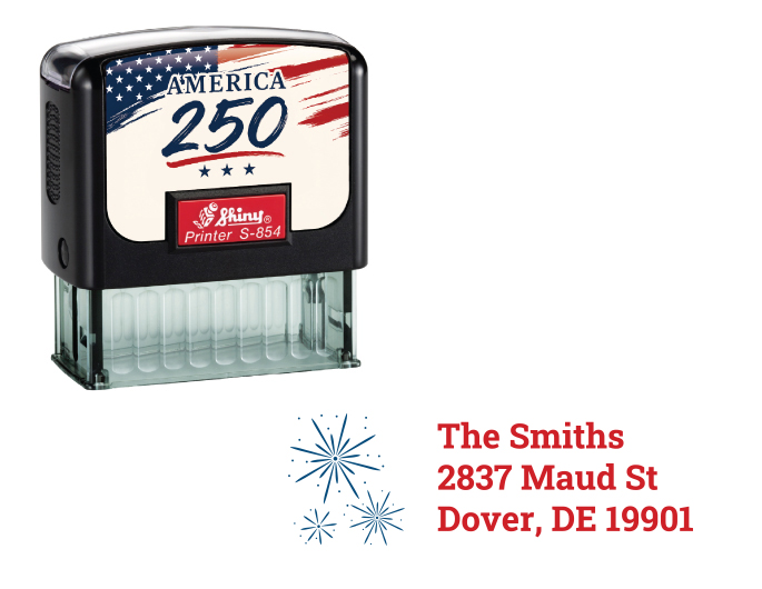 Celebrate America's 250th Birthday with a customizable flag return address rubber stamp.  Two color rubber stamp leaves a great impression with your personalized information.