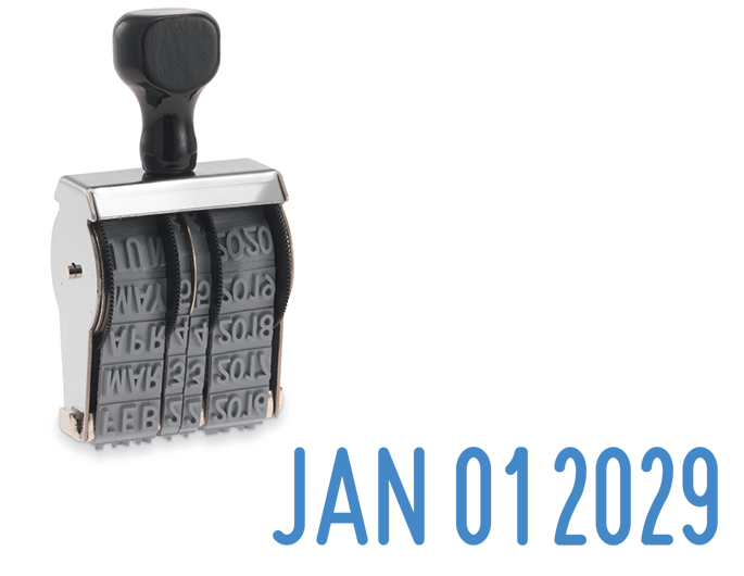 BD6 JustRite line dater. Stamps month, day and year. Sturdy metal frame with plastic handle. Pullman brand name line daters.