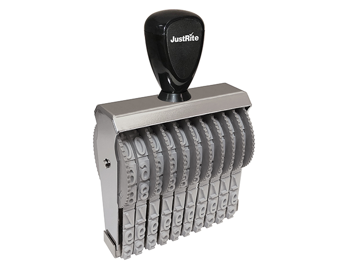 BN-5, 10 Band JustRite Number Stamp has 10 number bands.  Character height of numbers on bands are 5/8" (56pt). Metal body frame with sturdy wooden handle.