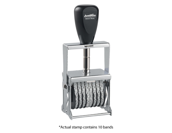 MJ-3, 10 Band self-inking Number Stamp has 10 number bands.  Character height of numbers on bands are 3/8".