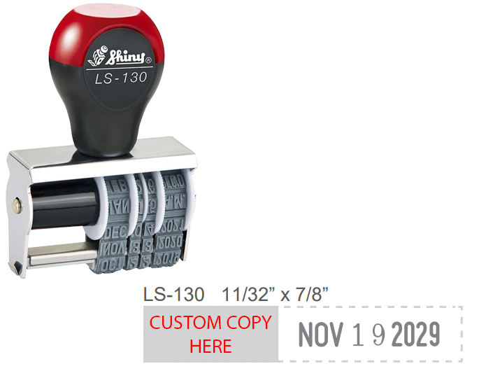 LS-130 local style dater has custom text preceding the date on the same line.  Up to 7 years included on the dater year band.