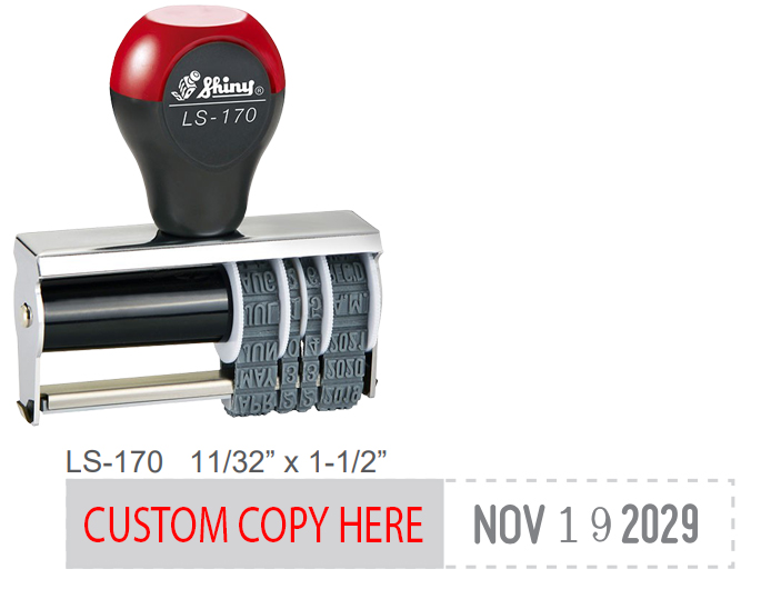 LS-170 local style dater has custom text preceding the date on the same line.  Up to 7 years included on the dater year band.