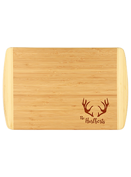 Custom antler bamboo cutting board with custom last name.  Laser engraved bamboo cutting board is perfect for a gift or house warming present.