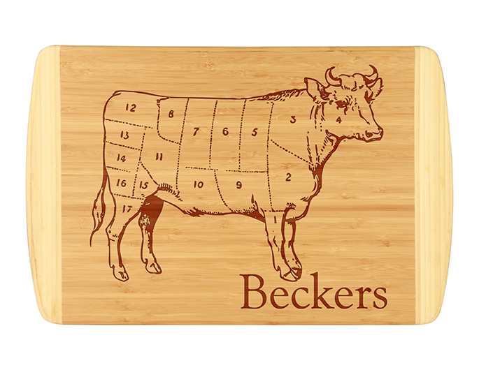 Unique and fun butcher's block custom cutting board.  Laser engraved for detail will leave a lasting impression.  Customize with last name.
