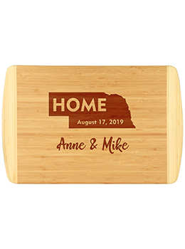 State outline and home design custom cutting board.  Established date and custom names make this bamboo cutting board a unique and fun gift or present.