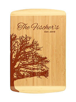 Unique bamboo cutting board design shows family tree outline and personalized with family name and established date.  Laser engraved for detailed look.