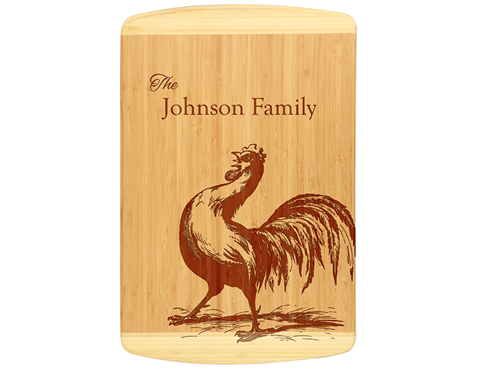 Custom rooster and family name bamboo cutting board.  Laser engraved cutting board with family names makes this a great and unique gift.