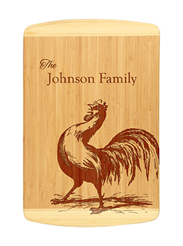 Custom rooster and family name bamboo cutting board.  Laser engraved cutting board with family names makes this a great and unique gift.