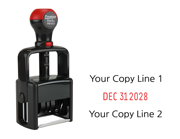 This dater comes with two lines of custom copy, one line above the dates and one line below the dates.  Dates are changeable with 7 year band.