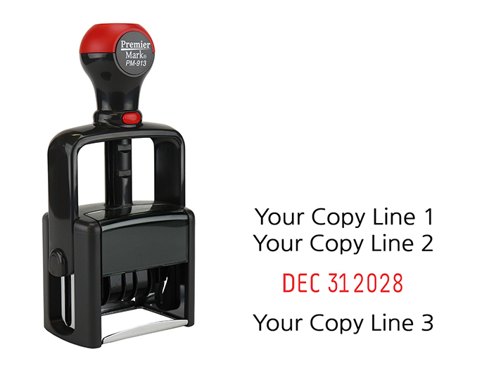 This dater comes with 2-lines of custom copy above the dates and 1-line of custom copy below the dates.  Dates are changeable and come with 7 year band.