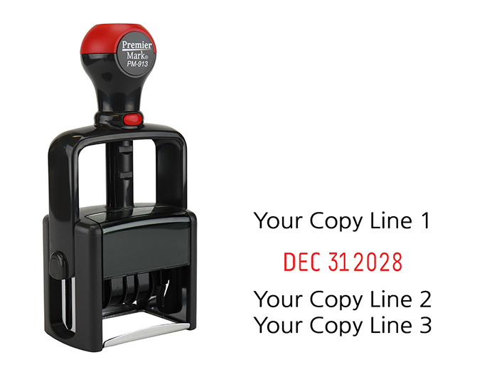 This dater comes with 1-line of custom copy above the dates and 2-lines of custom copy below the dates. Dates are changeable and with 7 years on band.