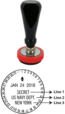 The #22 Rotary Dater prints the month, year and any custom message.  The outside dial turns to change the day of the month.