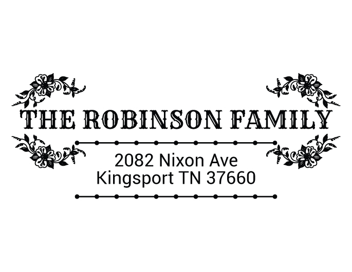 Designer return address stamp.  Unique design comes with thousands of impressions.  Customize with your own information.  Stamp is re-inkable.