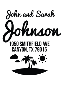 Designer return address stamp.  Unique design comes with thousands of impressions.  Customize with your own information.  Stamp is re-inkable.