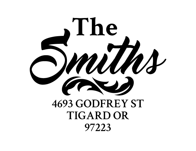 Designer return address stamp.  Unique design comes with thousands of impressions.  Customize with your own information.  Stamp is re-inkable.