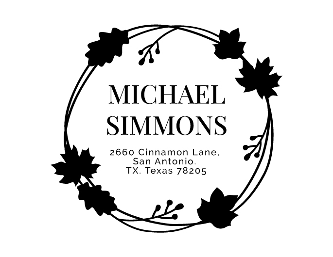 Designer return address stamp.  Unique design comes with thousands of impressions.  Customize with your own information.  Stamp is re-inkable.