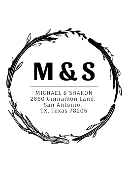 Designer return address stamp.  Unique design comes with thousands of impressions.  Customize with your own information.  Stamp is re-inkable.