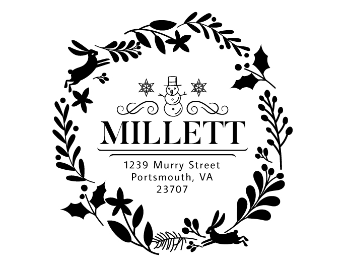 Designer return address stamp.  Unique design comes with thousands of impressions.  Customize with your own information.  Stamp is re-inkable.
