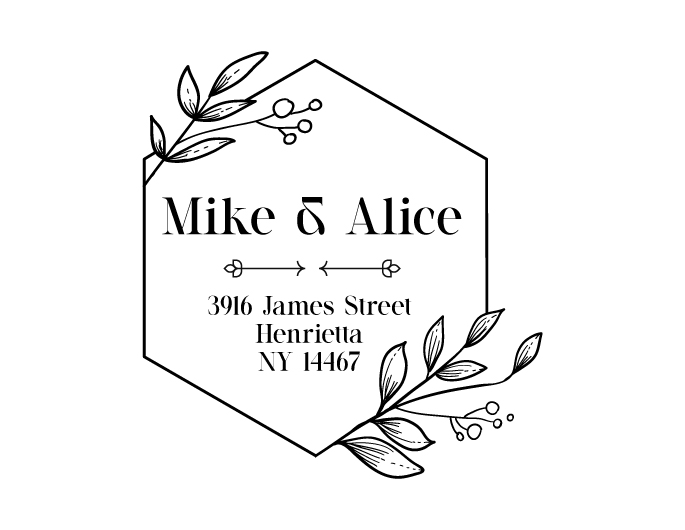 Alice designer return address stamp.  Unique design comes with thousands of impressions.  Customize with your own information.  Stamp is re-inkable.