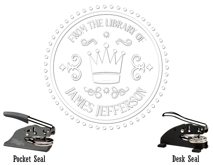 Library paper embossing seal is great for your personal library.  Comes with your custom information with a crown design.
