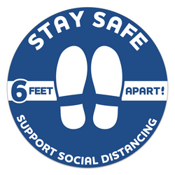 Stay safe 6 feet apart floor decal. 12" diameter.  Durable, non-slip laminate material.  Strong adhesive yet removes easily.
