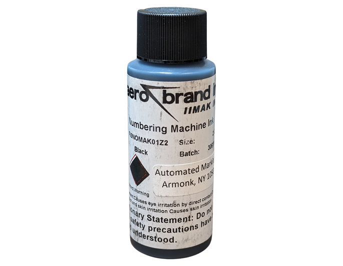 2 ounce bottle of numbering machine ink.  Available in black and red ink color.  For use with metal wheel numbering and dating machines on porous surfaces.