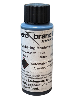 2 ounce bottle of numbering machine ink.  Available in black and red ink color.  For use with metal wheel numbering and dating machines on porous surfaces.