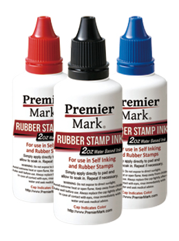 2oz bottle of Premier Mark stamp refill ink. Water based ink is perfect for self-inking stamps and stamp pad refill.