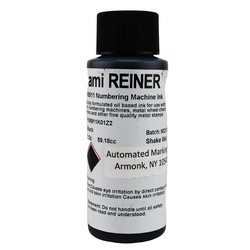 2 ounce bottle of Reiner numbering machine ink.  Available in black and red ink color.  For use with metal wheel numbering and dating machines on porous surfaces.