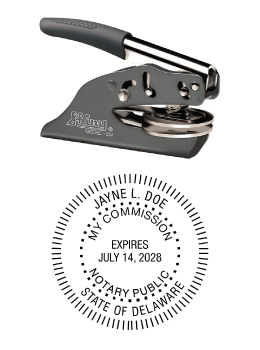 Delaware Notary embossing seal. All metal frame and laser engraved dies.  Quick turnaround time.