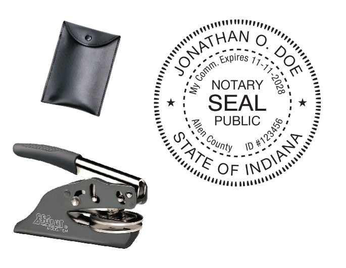 Indiana Notary embossing seal. All metal frame and laser engraved dies.  Quick turnaround time.