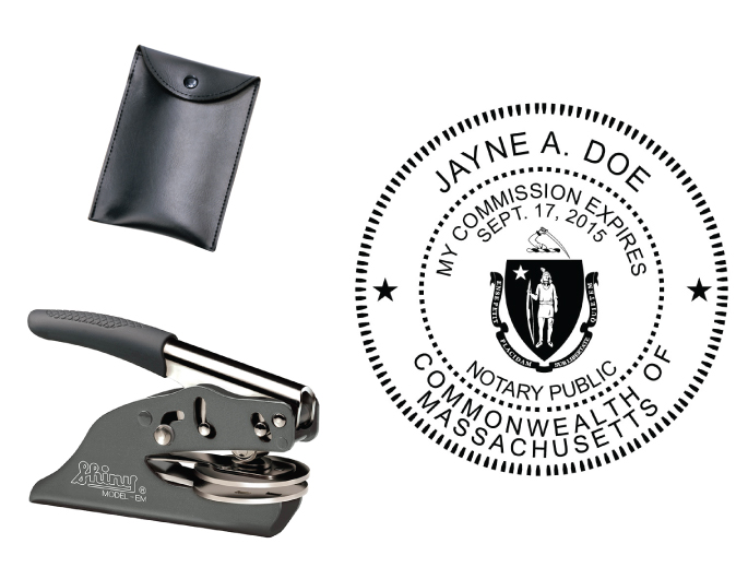 Massachusetts Notary embossing seal. All metal frame and laser engraved dies.  Quick turnaround time.