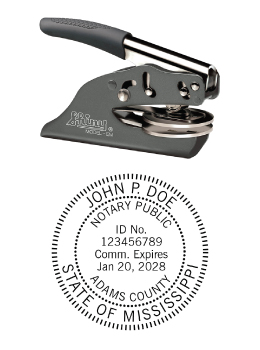 Mississippi Notary embossing seal. All metal frame and laser engraved dies.  Quick turnaround time.