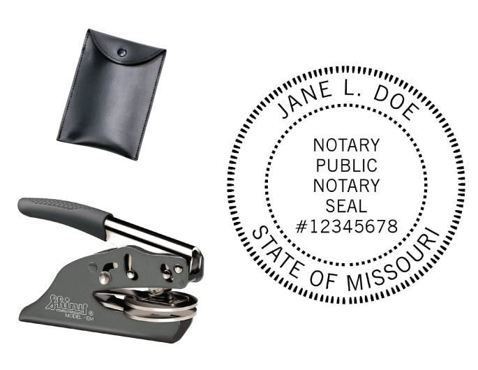 Missouri Notary embossing seal. All metal frame and laser engraved dies.  Quick turnaround time.